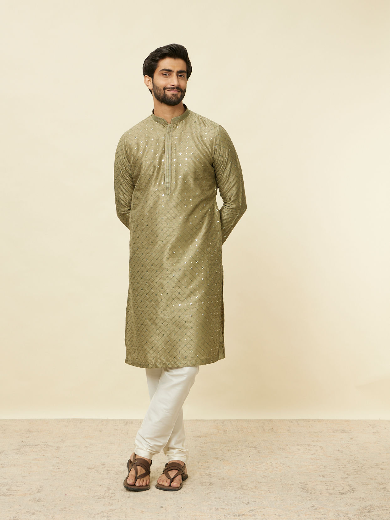 Manyavar Men Mushroom Grey Sequined Patterned Kurta Set
