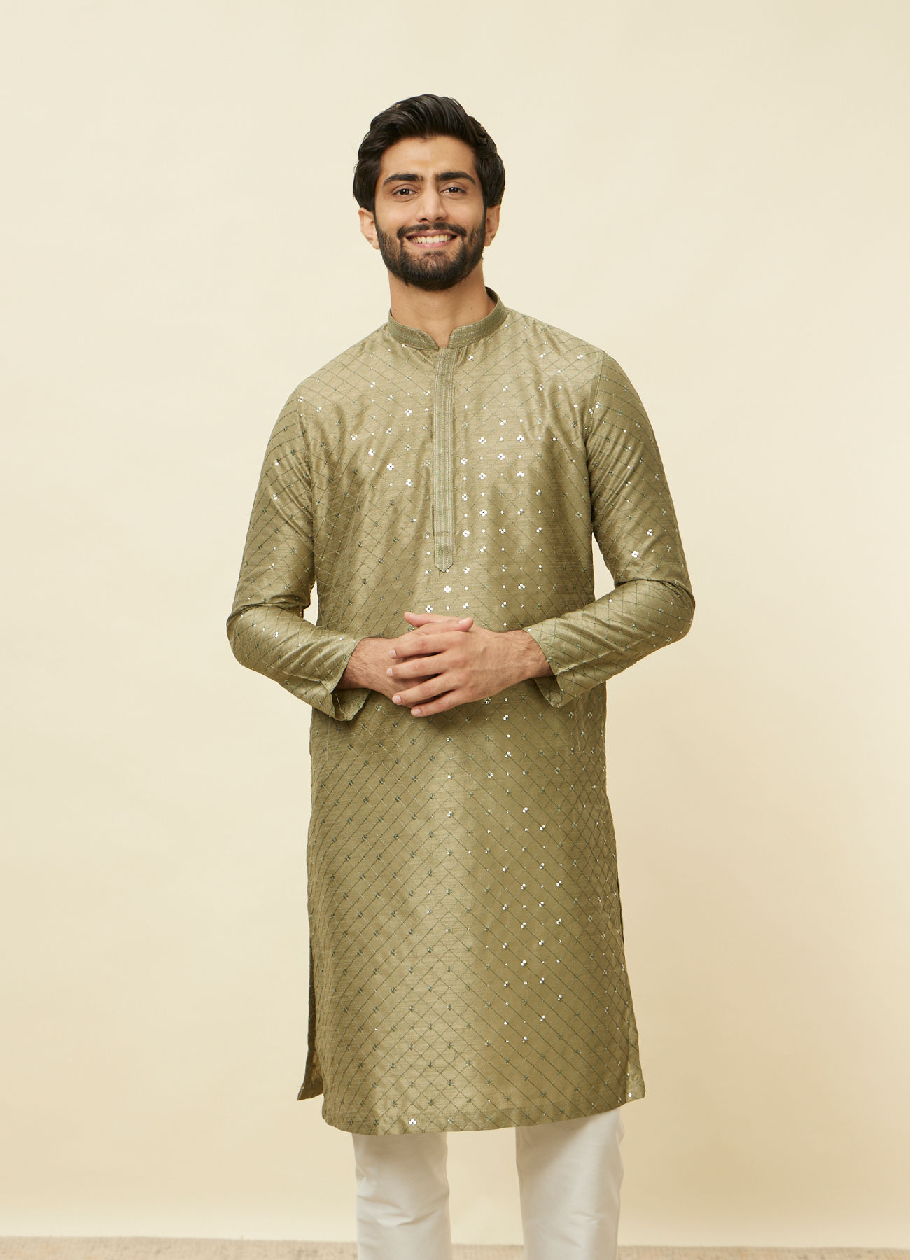 Manyavar Men Mushroom Grey Sequined Patterned Kurta Set