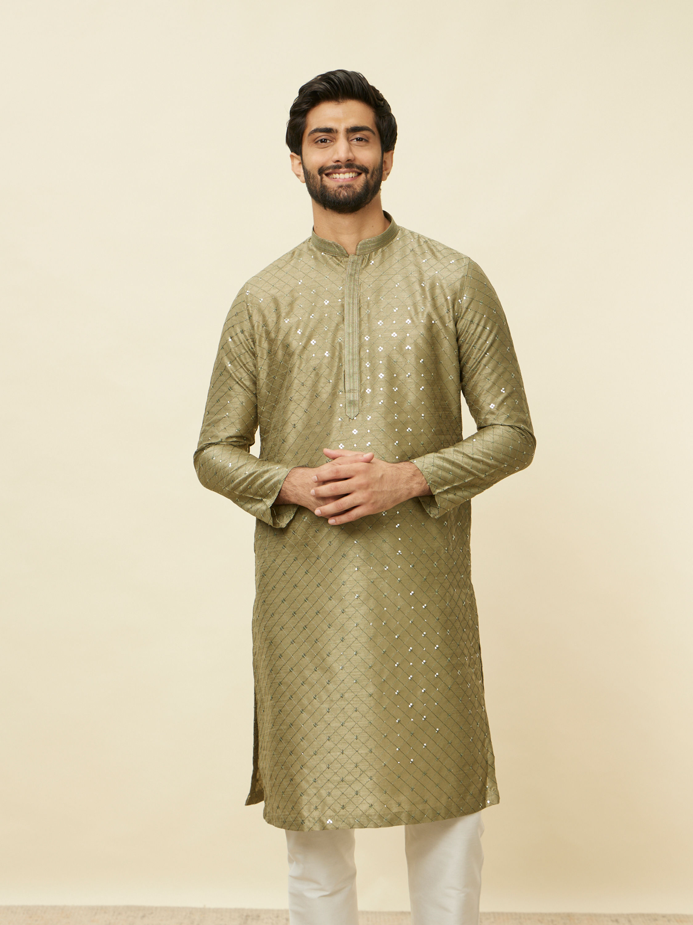 Manyavar Men Mushroom Grey Sequined Patterned Kurta Set