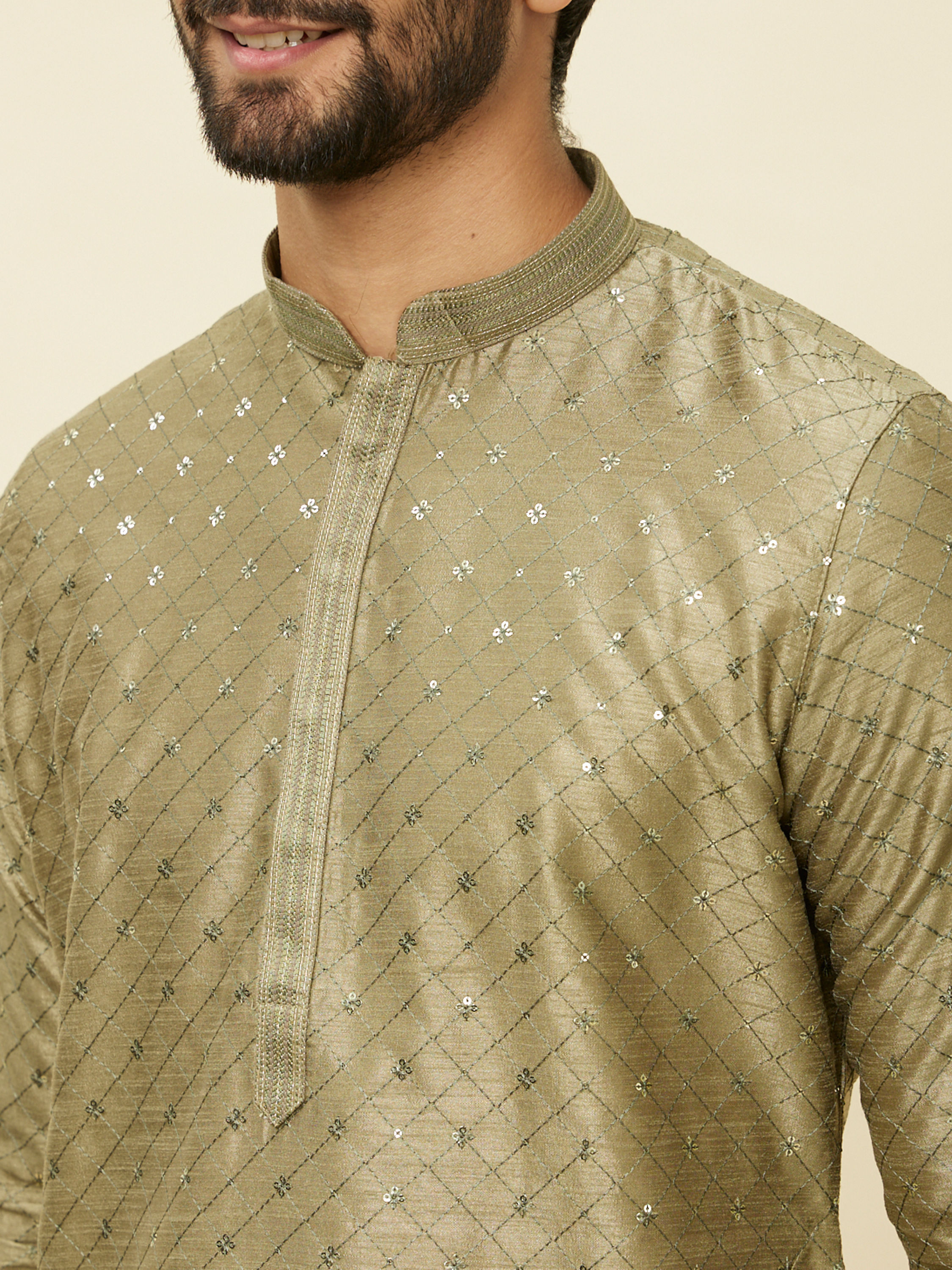 Manyavar Men Mushroom Grey Sequined Patterned Kurta Set