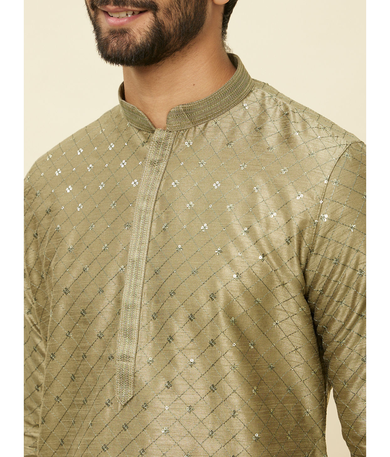 Manyavar Men Mushroom Grey Sequined Patterned Kurta Set