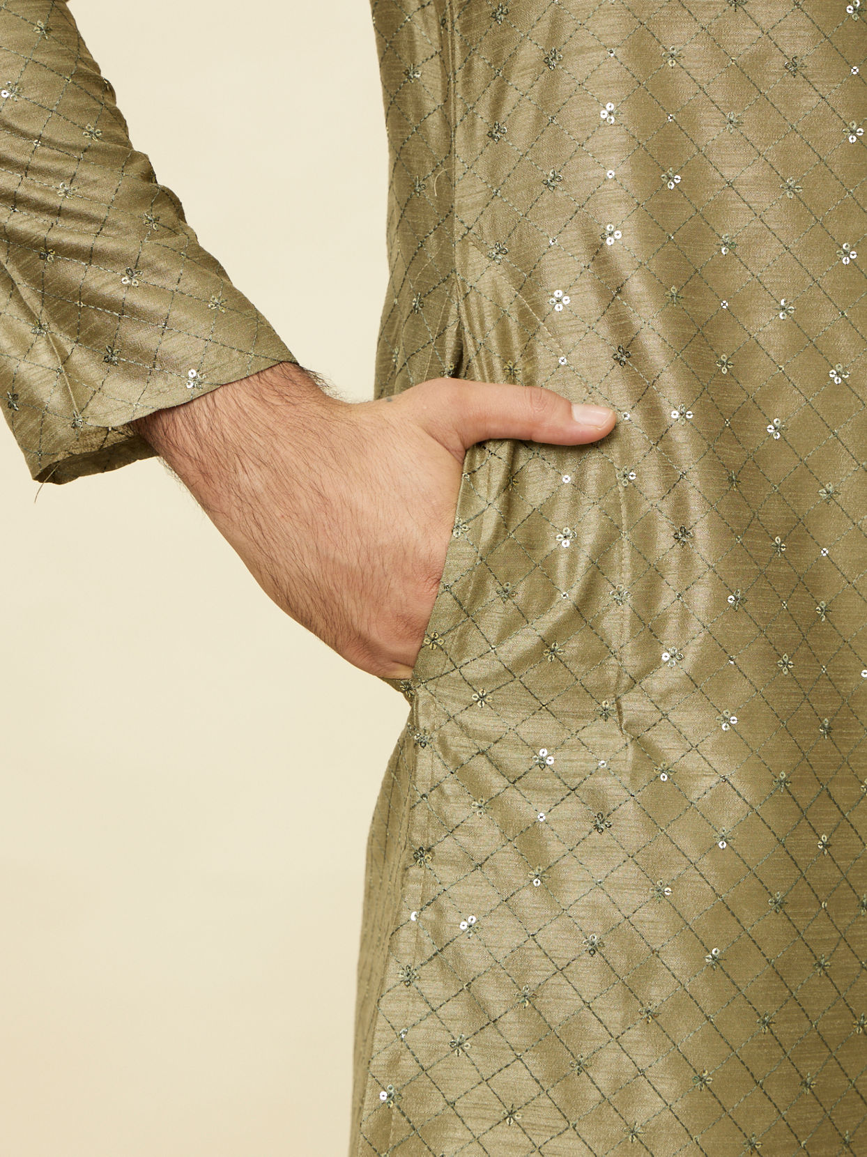 Manyavar Men Mushroom Grey Sequined Patterned Kurta Set