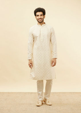 alt message - Manyavar Men Light Cream Lattice Patterned Sequinned Kurta image number 2