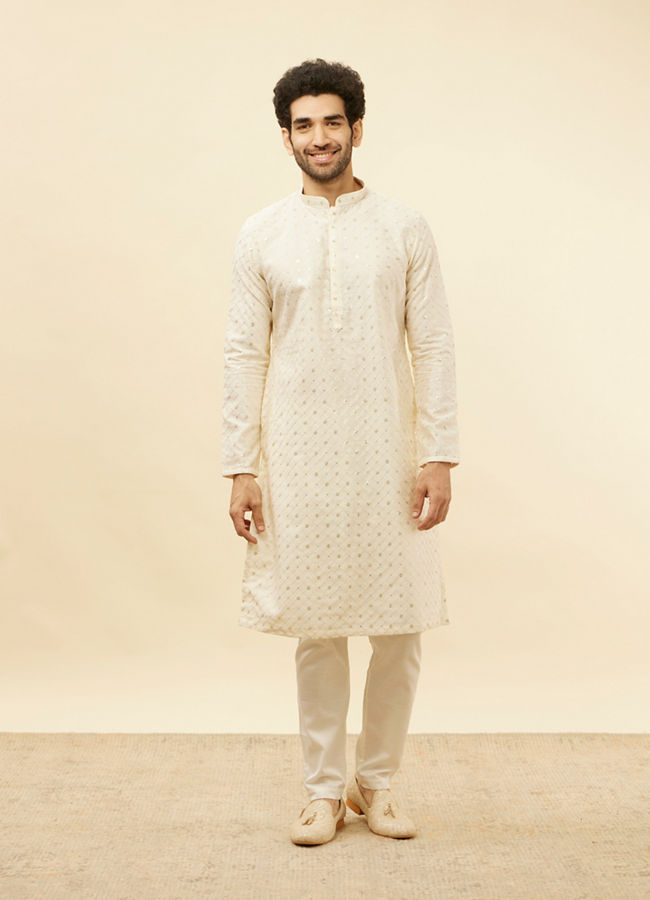 Manyavar Men Light Cream Lattice Patterned Sequinned Kurta
