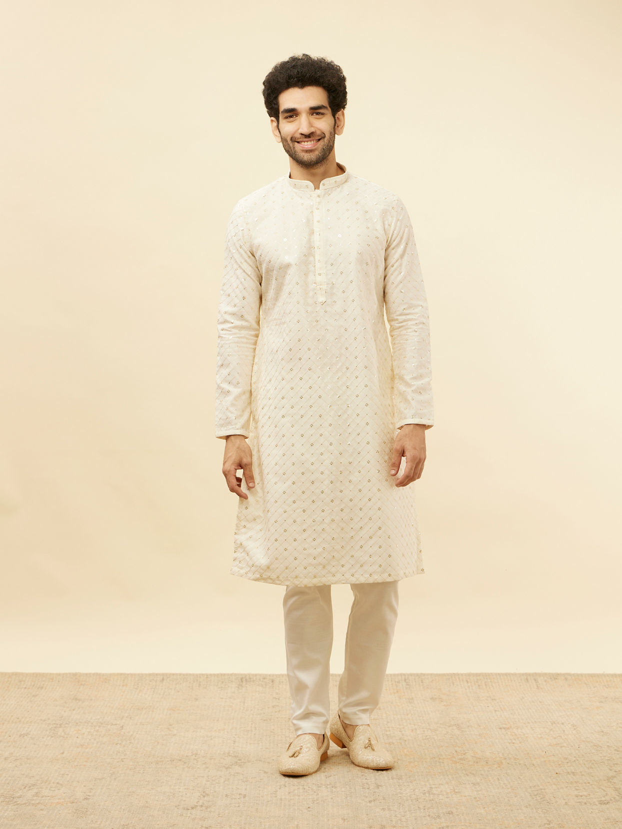 Manyavar Men Light Cream Lattice Patterned Sequinned Kurta
