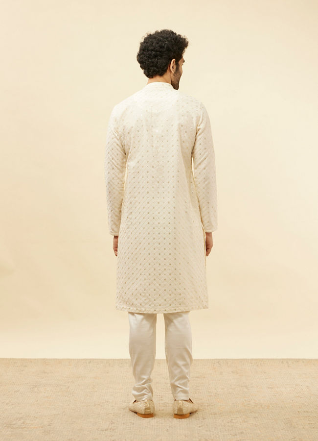 Manyavar Men Light Cream Lattice Patterned Sequinned Kurta