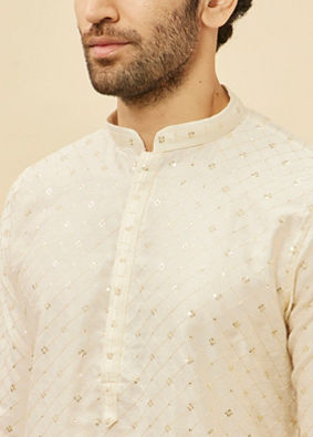 alt message - Manyavar Men Light Cream Lattice Patterned Sequinned Kurta image number 1