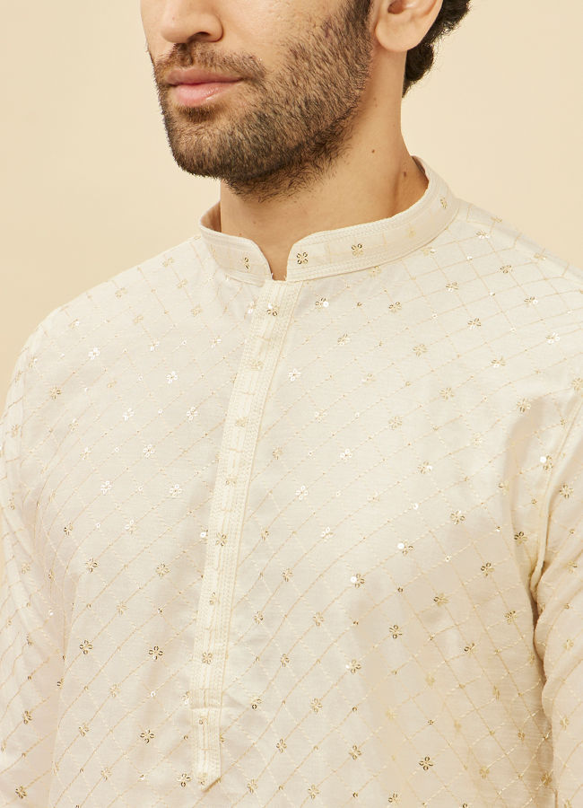 Manyavar Men Light Cream Lattice Patterned Sequinned Kurta