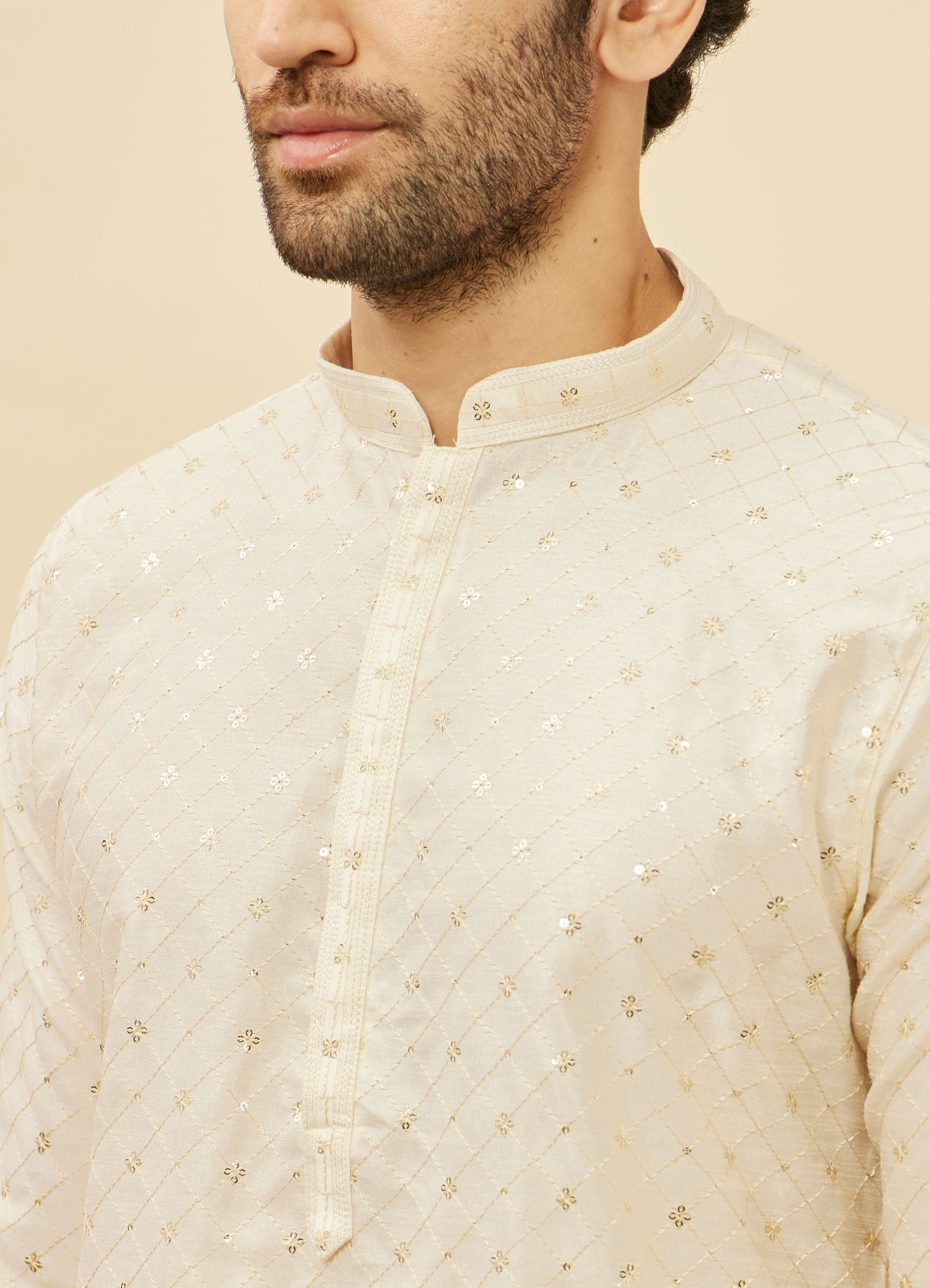 Manyavar Men Light Cream Lattice Patterned Sequinned Kurta