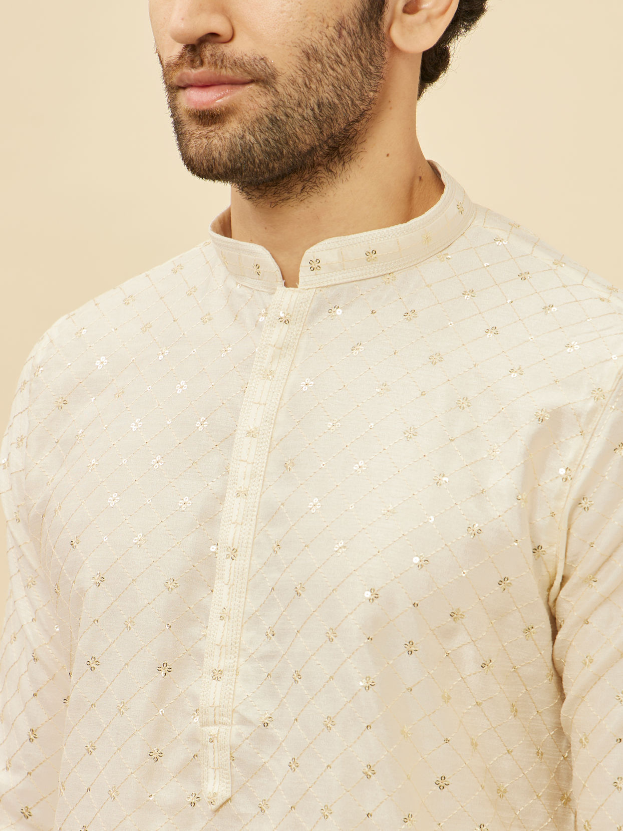 alt message - Manyavar Men Light Cream Lattice Patterned Sequinned Kurta image number 1