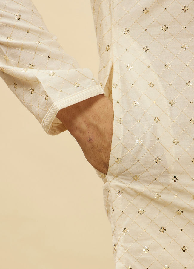 alt message - Manyavar Men Light Cream Lattice Patterned Sequinned Kurta image number 3