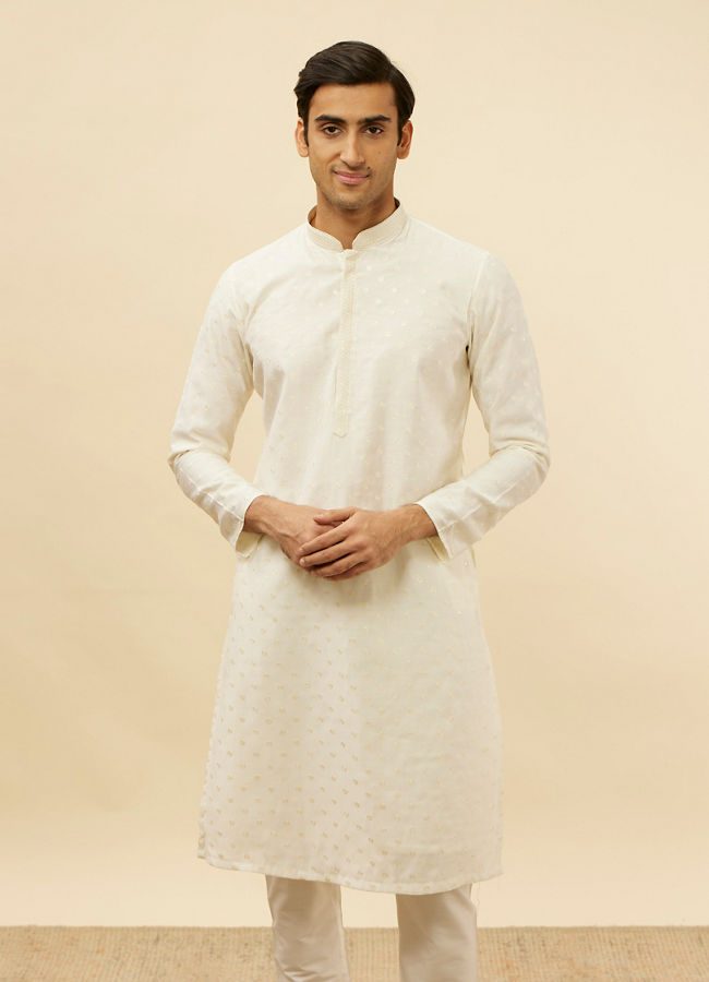 alt message - Manyavar Men Bright Cream Dotted Sequinned Kurta Set image number 0