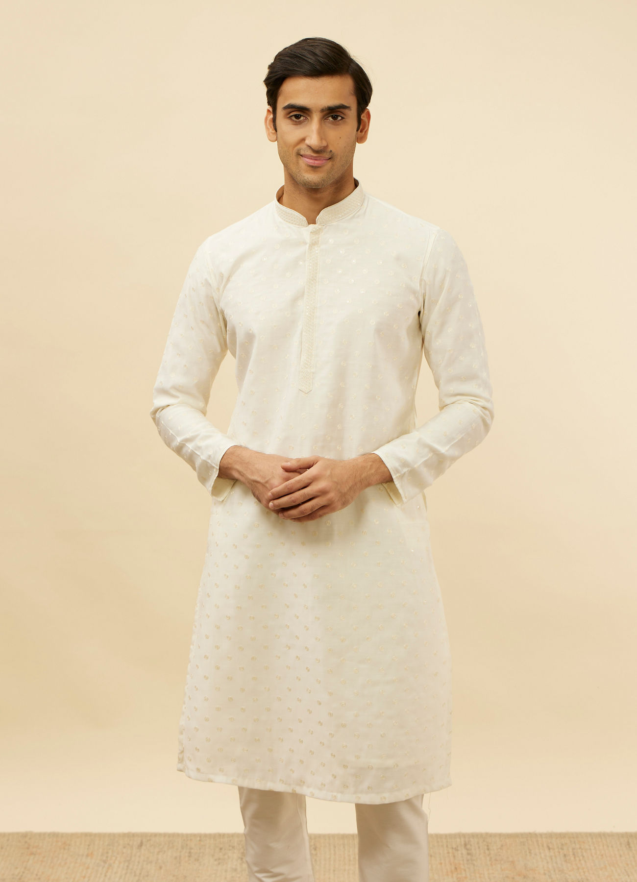 Manyavar Men Bright Cream Dotted Sequinned Kurta Set