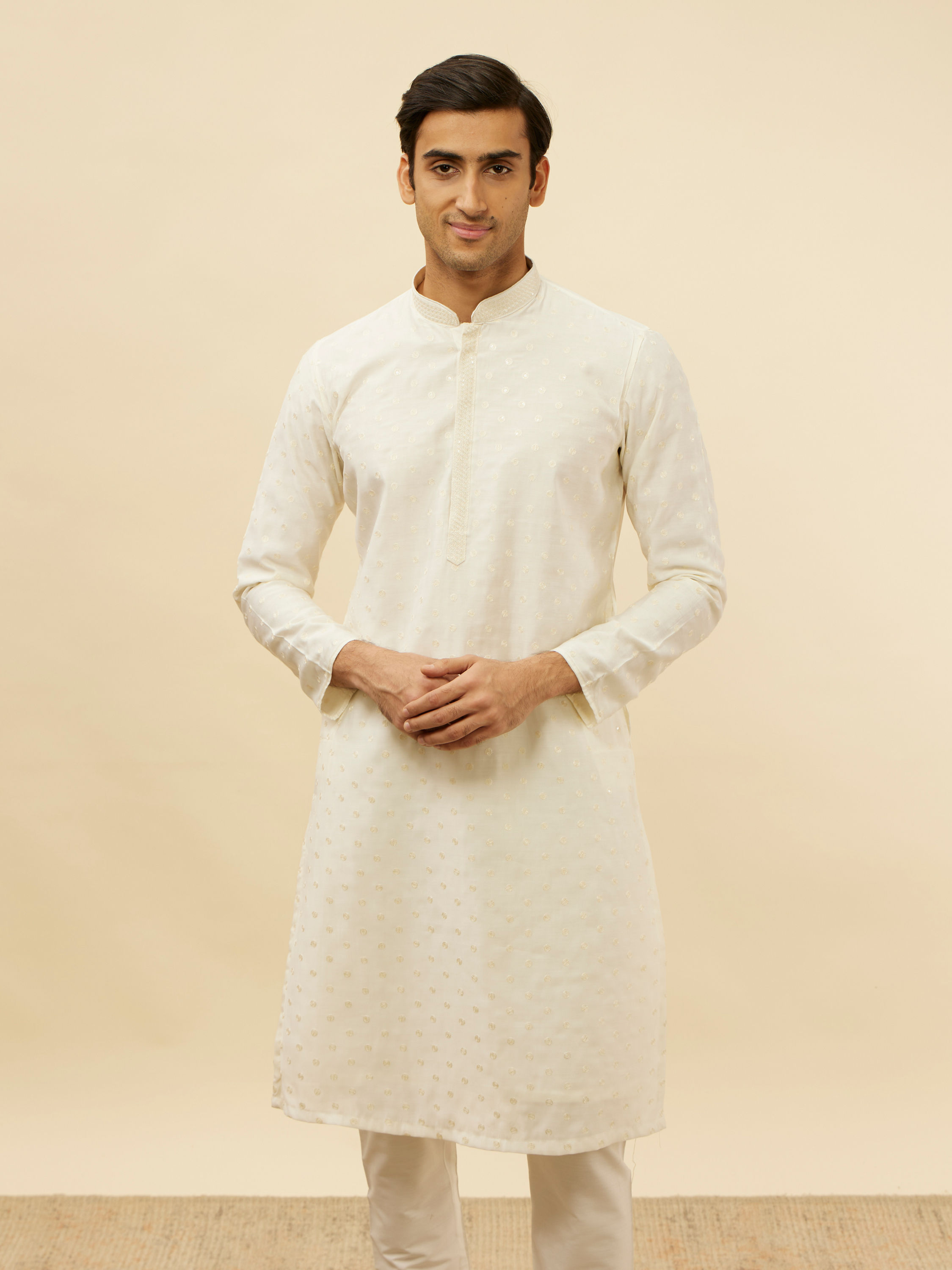 Manyavar Men Bright Cream Dotted Sequinned Kurta Set