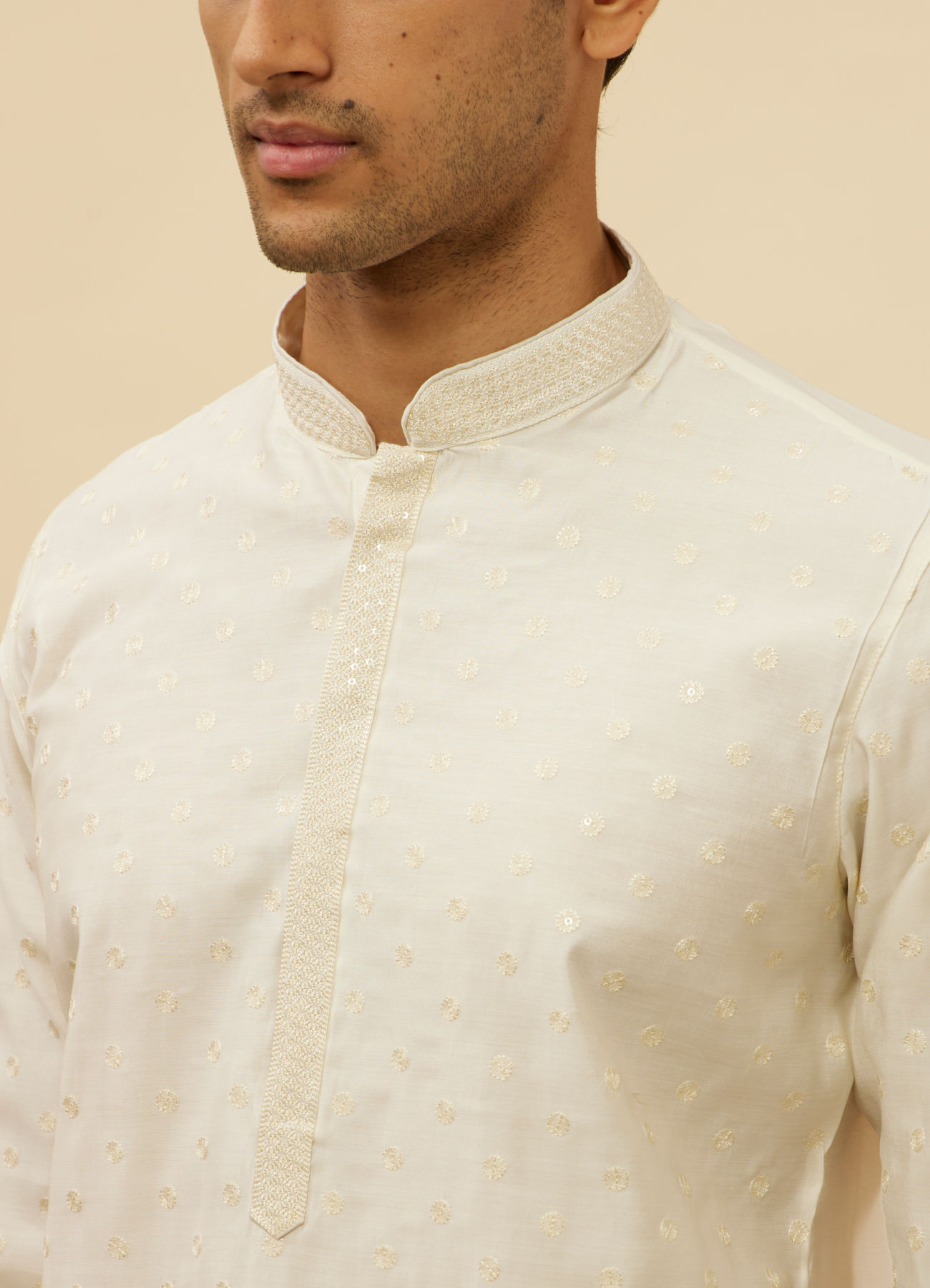 Manyavar Men Bright Cream Dotted Sequinned Kurta Set