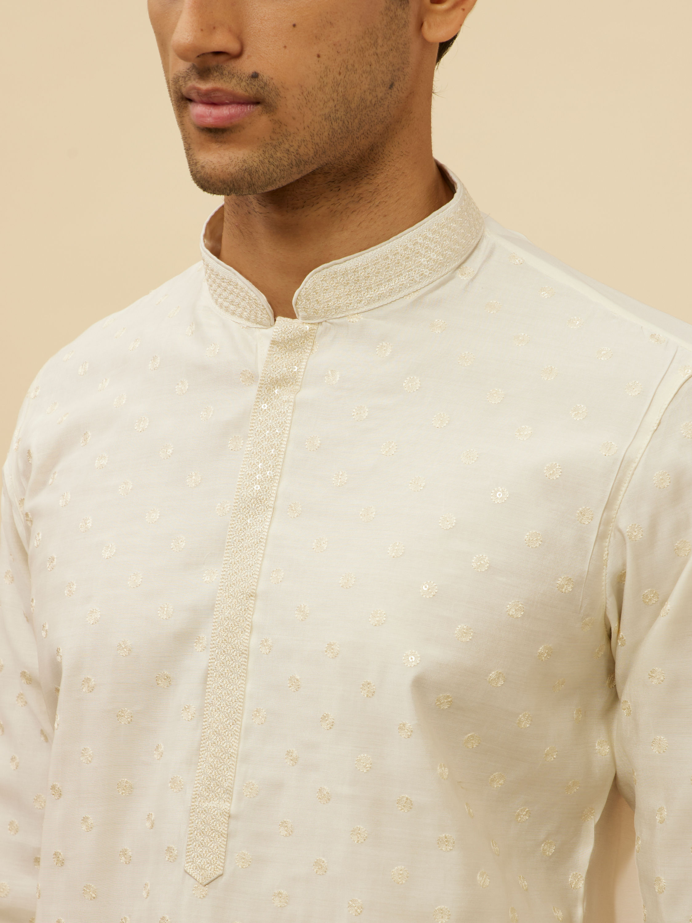 Manyavar Men Bright Cream Dotted Sequinned Kurta Set