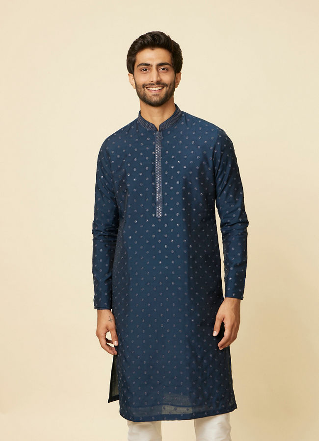 alt message - Manyavar Men Dark Blue Self Motif Kurta Set image number 0