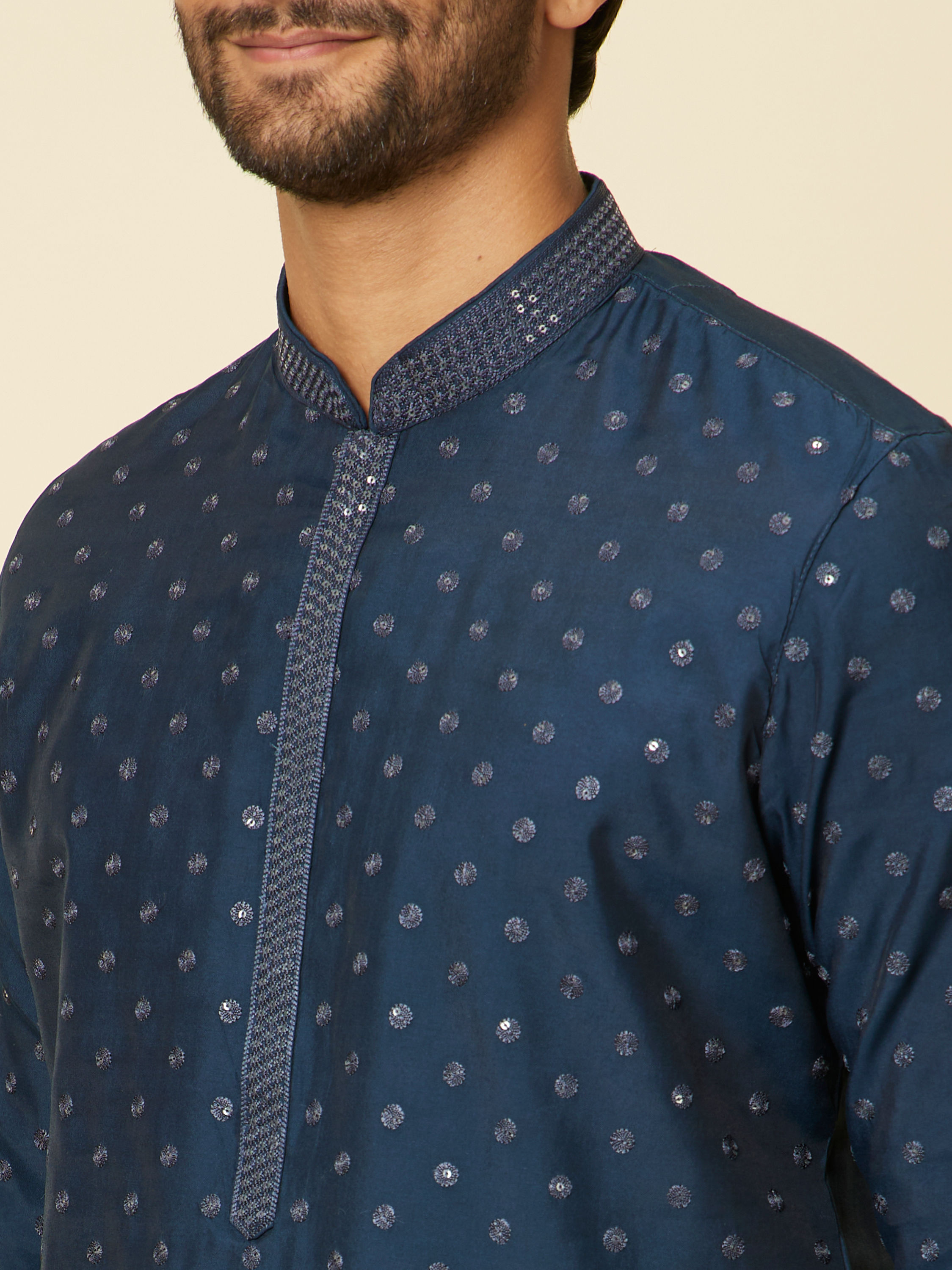 Manyavar Men Dark Blue Self Motif Kurta Set