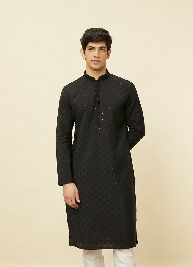 alt message - Manyavar Men Midnight Black Sequined Kurta Set image number 0