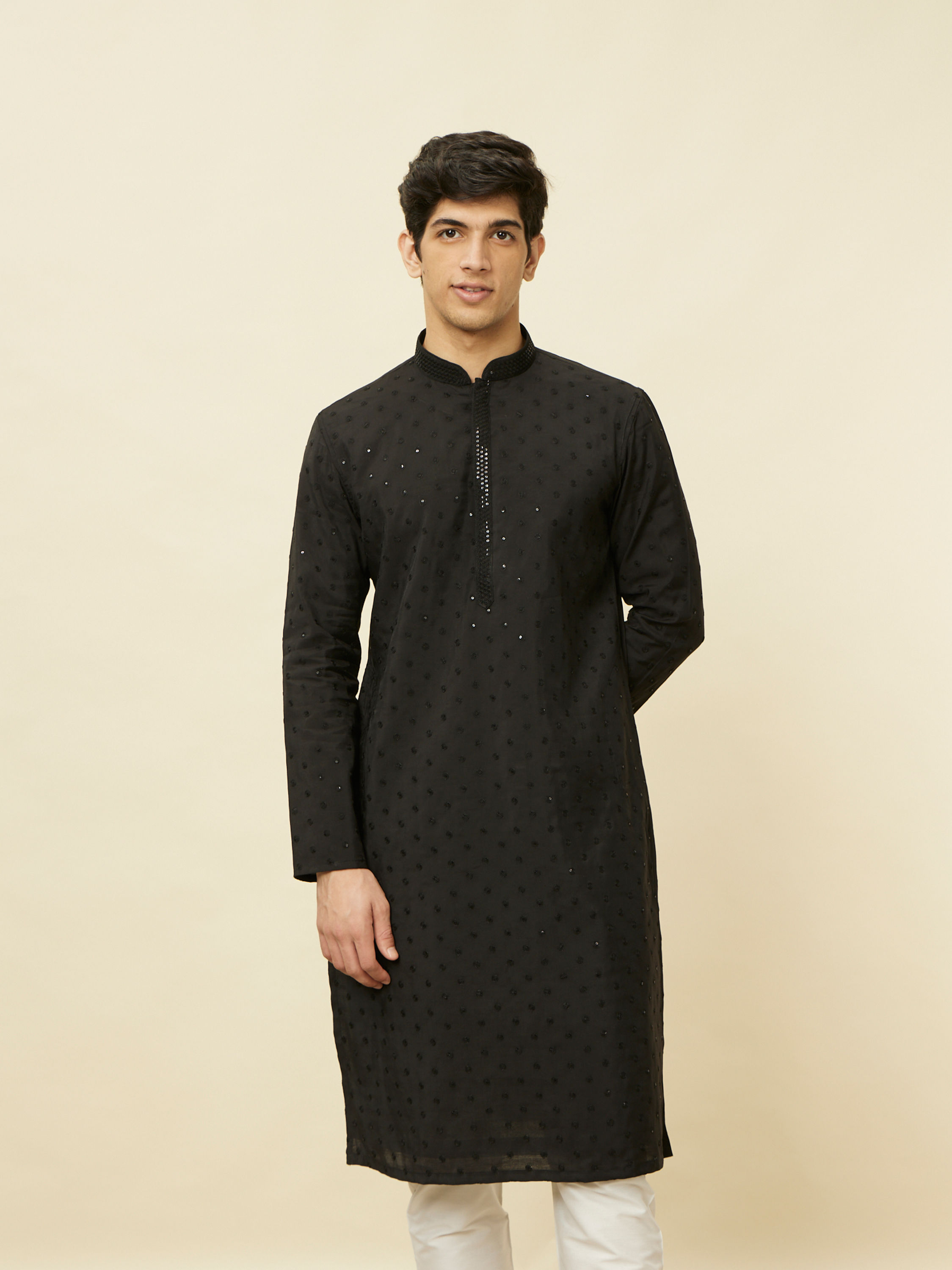 Manyavar Men Midnight Black Sequined Kurta Set