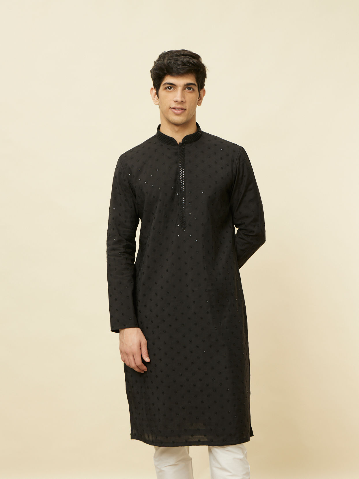 alt message - Manyavar Men Midnight Black Sequined Kurta Set image number 0