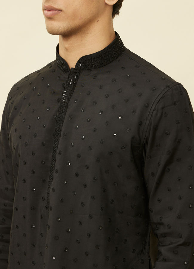 alt message - Manyavar Men Midnight Black Sequined Kurta Set image number 1