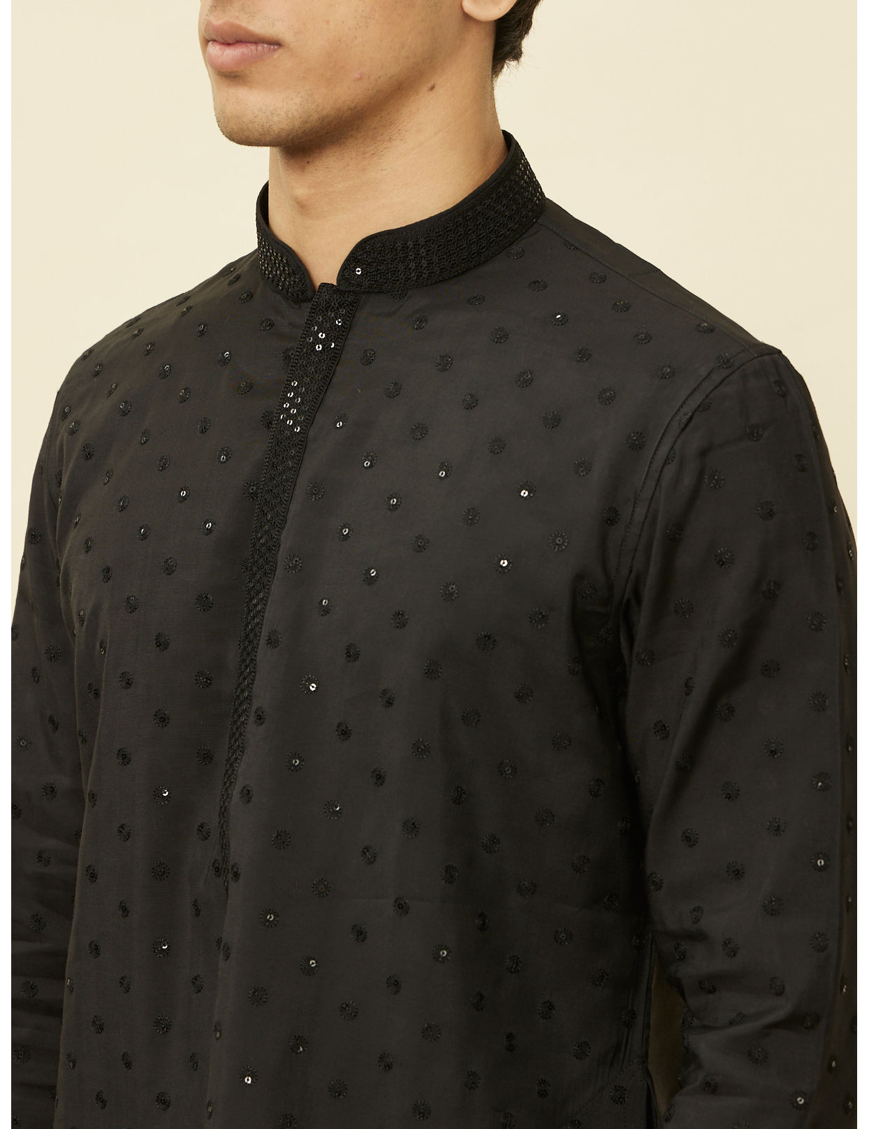 alt message - Manyavar Men Midnight Black Sequined Kurta Set image number 1