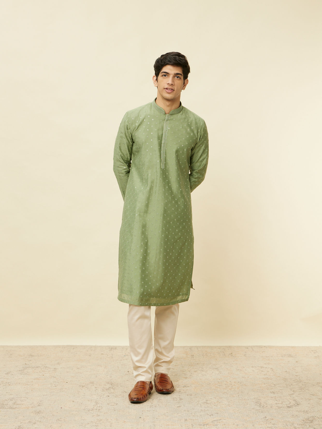 alt message - Manyavar Men Sage Green Sequined Kurta Set image number 2