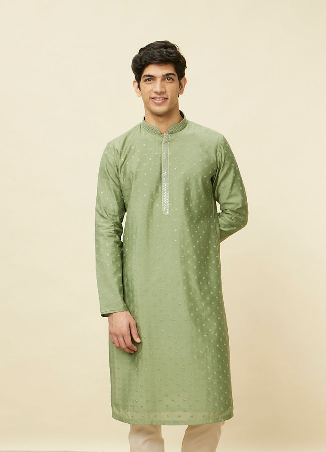 alt message - Manyavar Men Sage Green Sequined Kurta Set image number 0