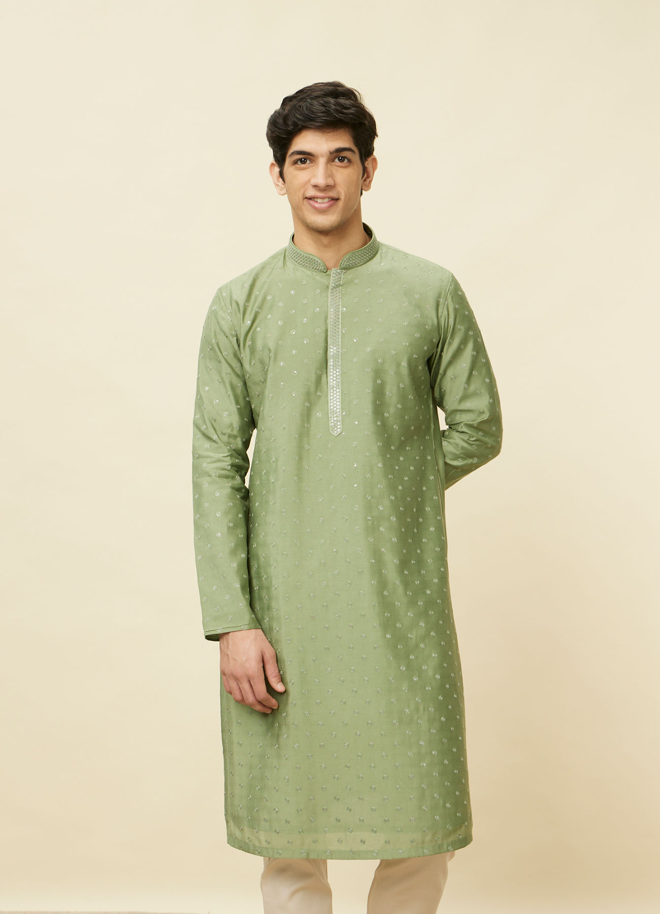 Manyavar Men Sage Green Sequined Kurta Set