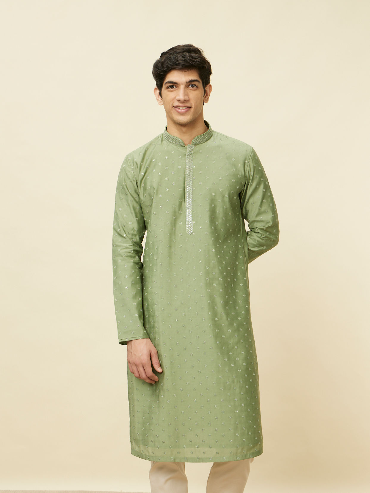 alt message - Manyavar Men Sage Green Sequined Kurta Set image number 0