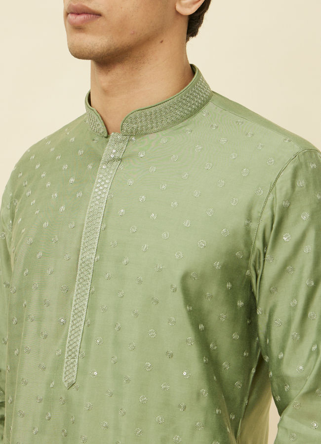 alt message - Manyavar Men Sage Green Sequined Kurta Set image number 1