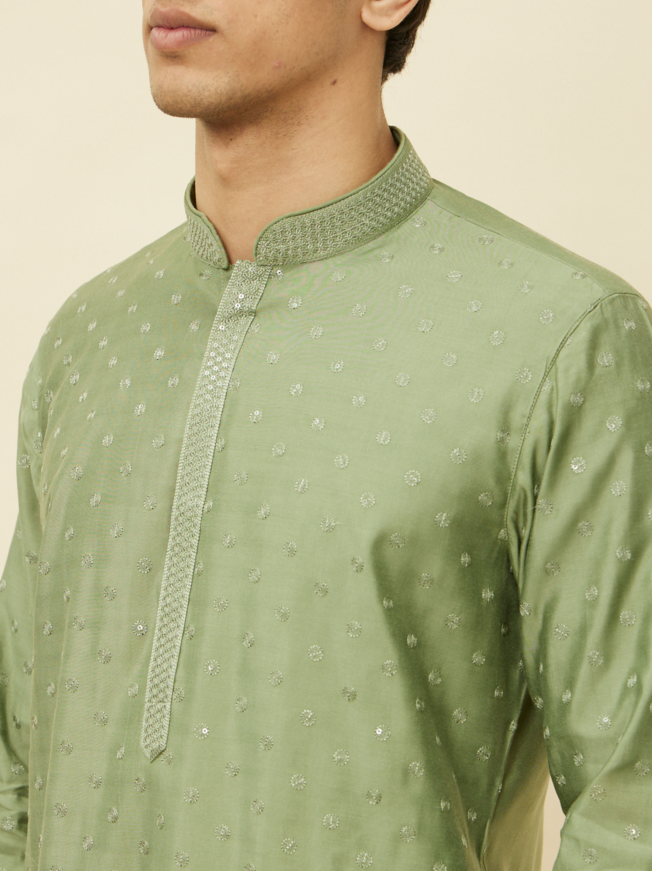 Manyavar Men Sage Green Sequined Kurta Set