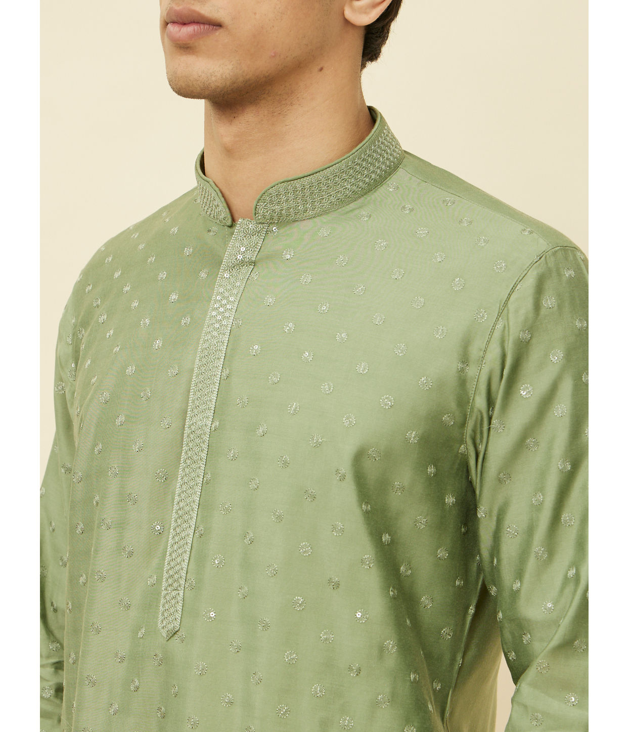 alt message - Manyavar Men Sage Green Sequined Kurta Set image number 1