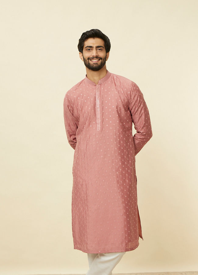 alt message - Manyavar Men Conch Shell Pink Sequined Kurta Set image number 0