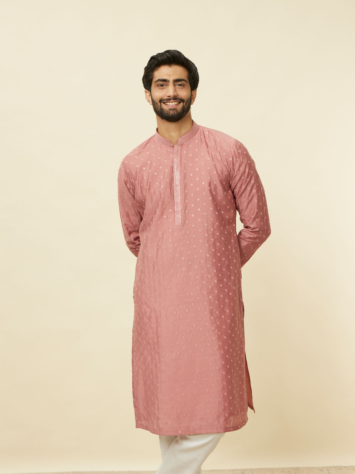 alt message - Manyavar Men Conch Shell Pink Sequined Kurta Set image number 0