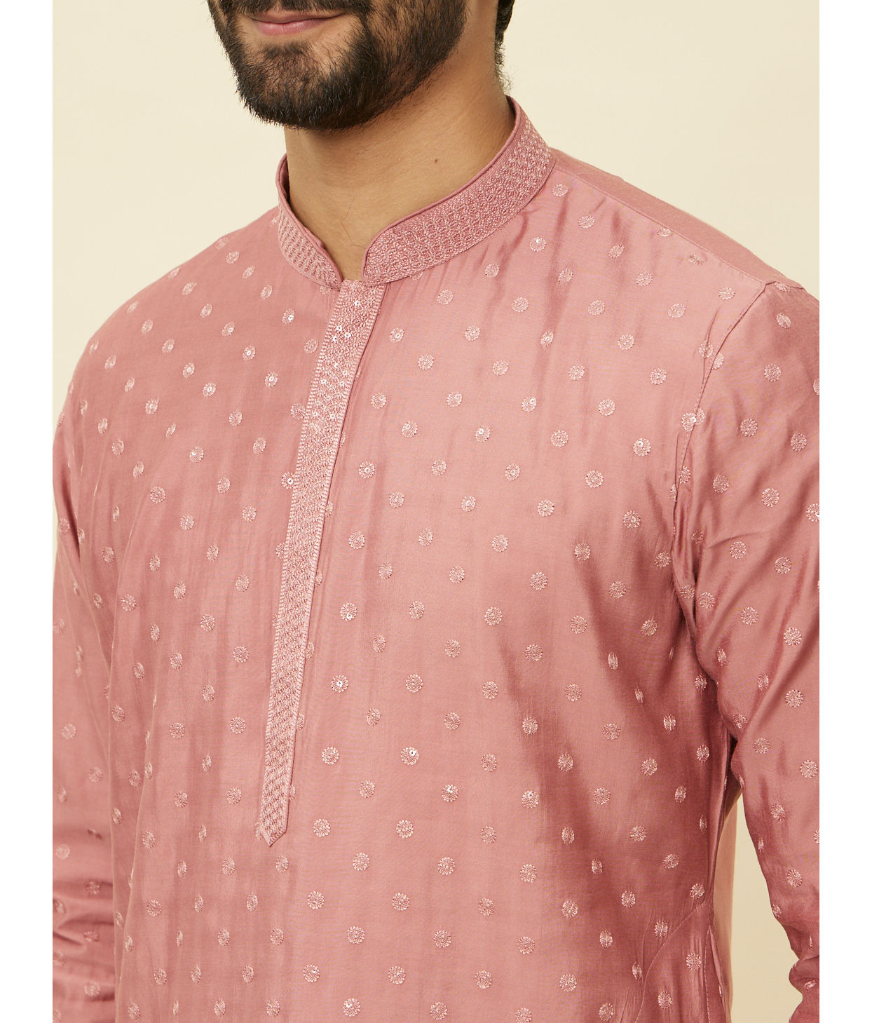 alt message - Manyavar Men Conch Shell Pink Sequined Kurta Set image number 1