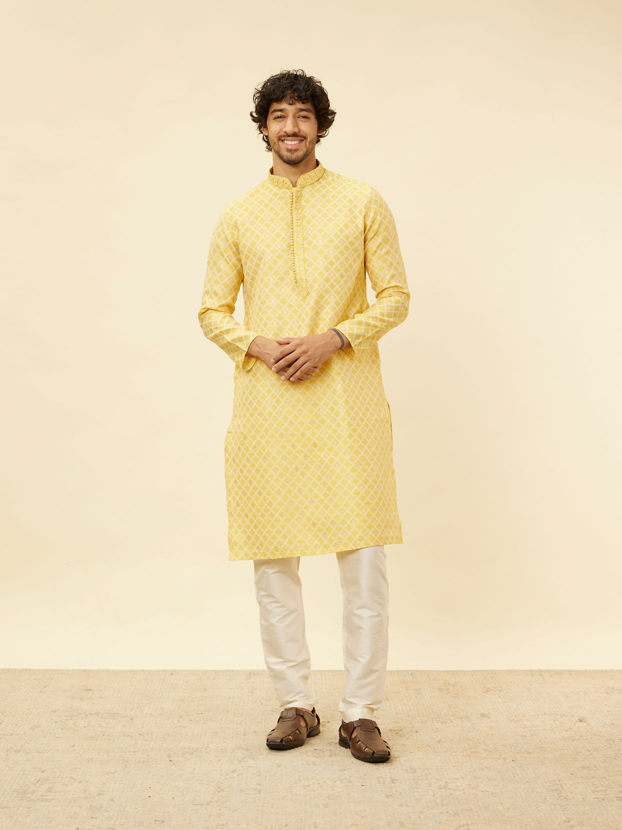 Manyavar Men Crayola Yellow Floral Buta Patterned Kurta Set