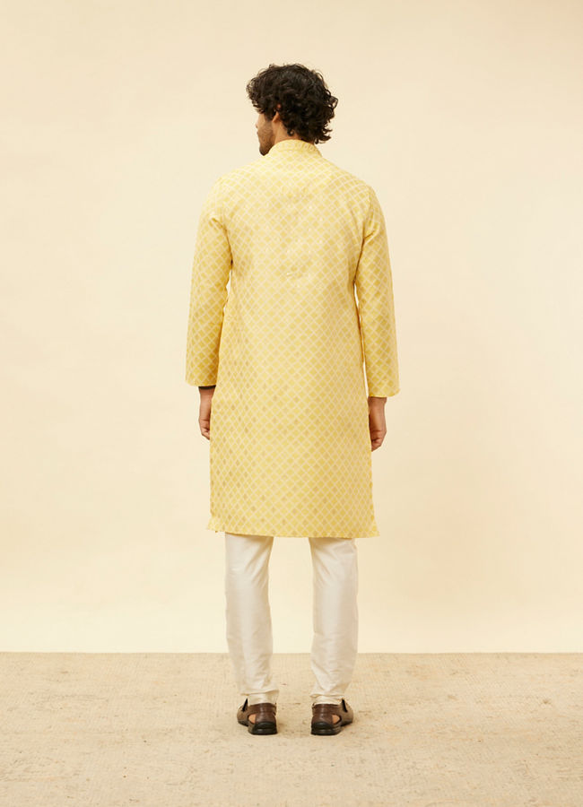 alt message - Manyavar Men Crayola Yellow Floral Buta Patterned Kurta Set image number 5