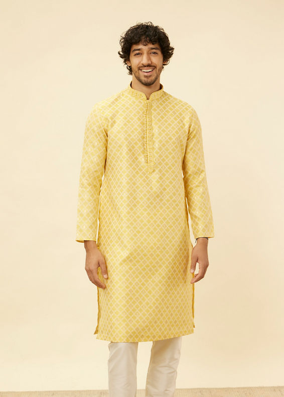 Manyavar Men Crayola Yellow Floral Buta Patterned Kurta Set