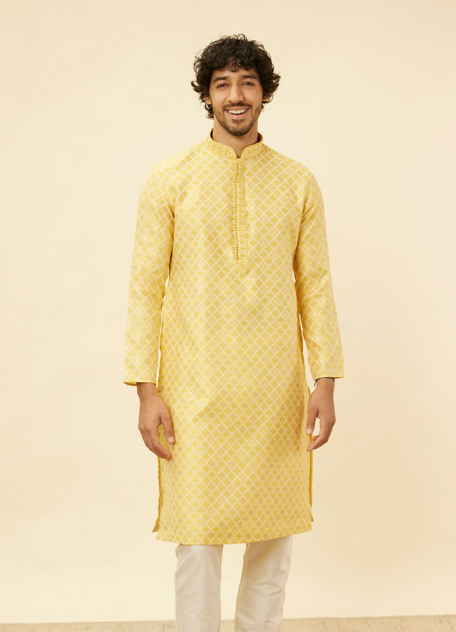 alt message - Manyavar Men Crayola Yellow Floral Buta Patterned Kurta Set image number 0