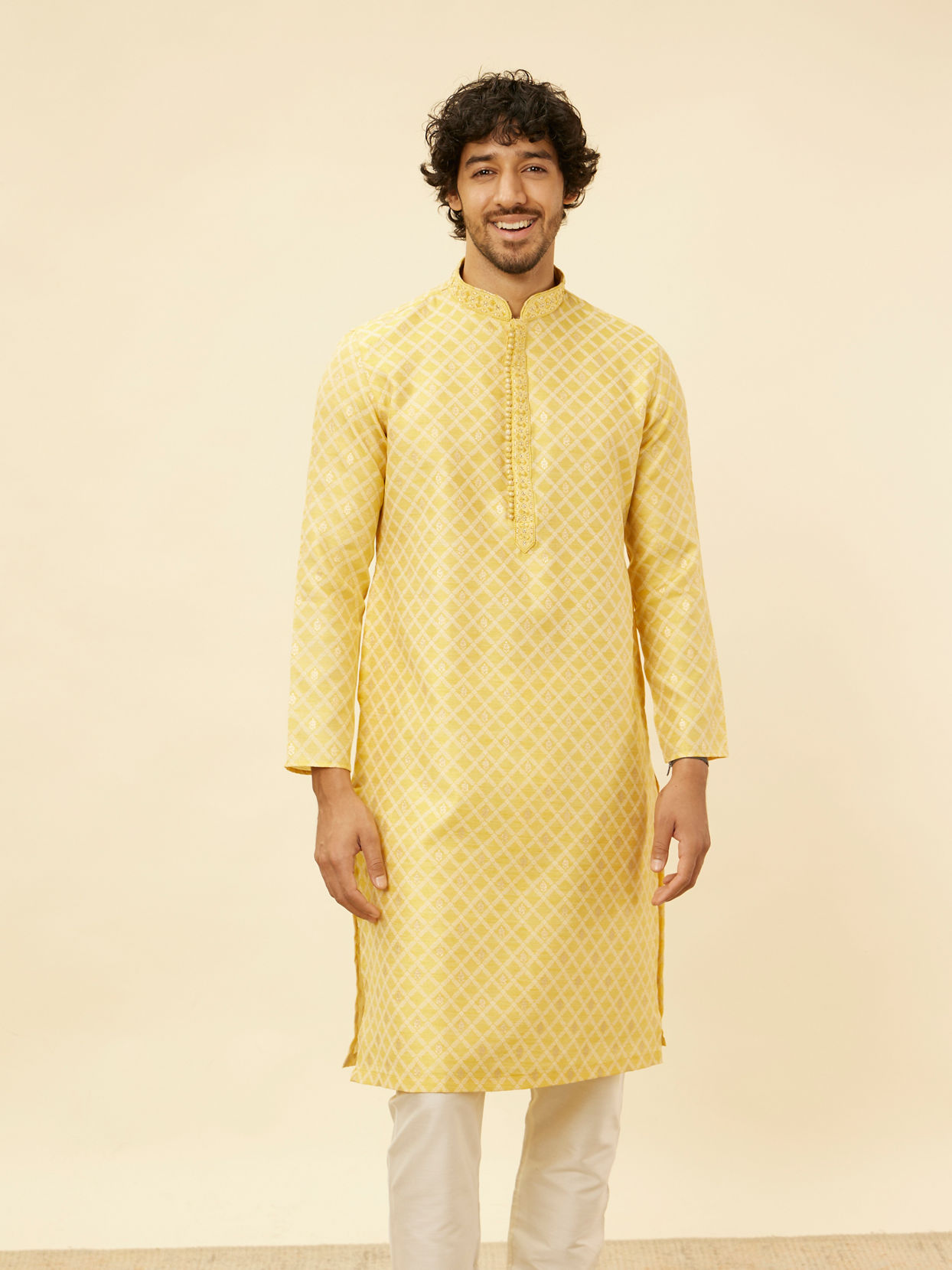 alt message - Manyavar Men Crayola Yellow Floral Buta Patterned Kurta Set image number 0