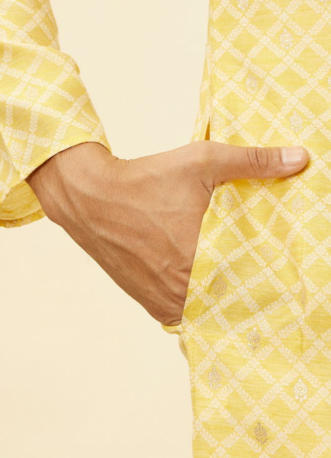 Manyavar Men Crayola Yellow Floral Buta Patterned Kurta Set