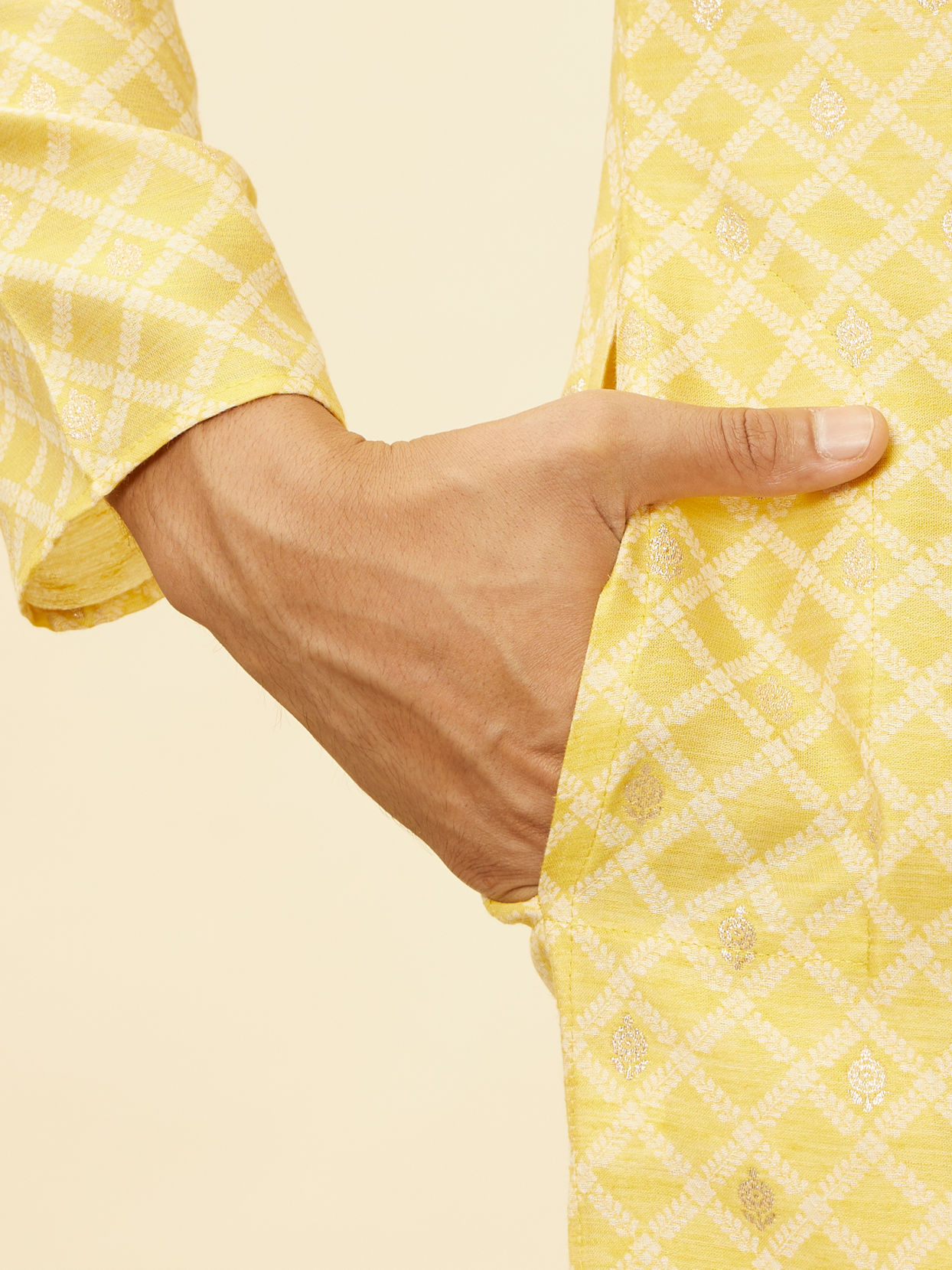 Manyavar Men Crayola Yellow Floral Buta Patterned Kurta Set