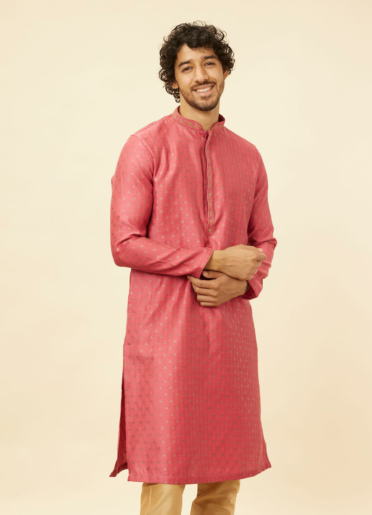 Manyavar Men Rouge Red Floral Buta Patterned Kurta Set