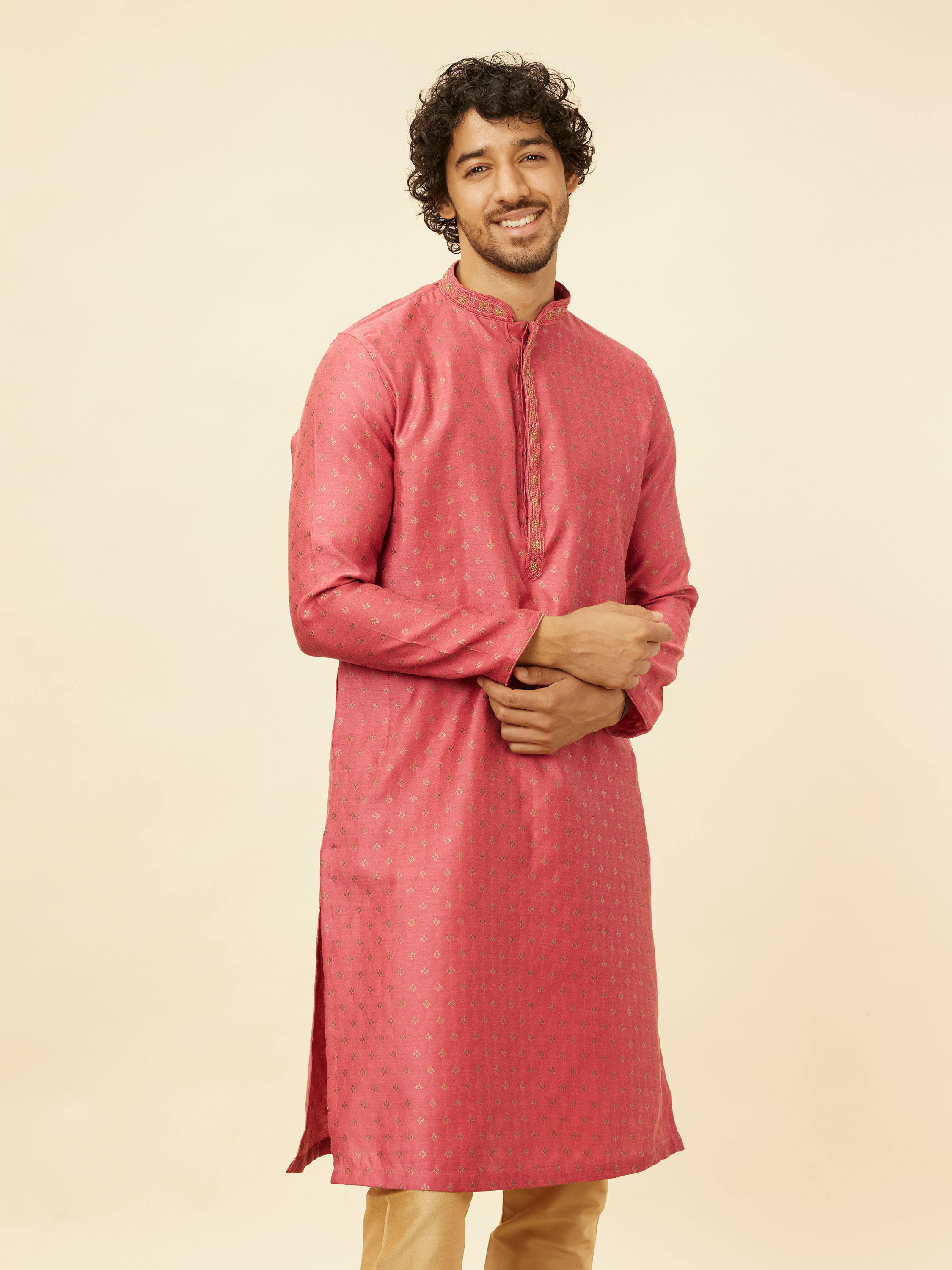 Manyavar Men Rouge Red Floral Buta Patterned Kurta Set