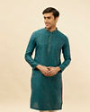 alt message - Manyavar Men Teal Blue Imperial Patterned Kurta Set image number 0