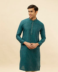 Manyavar Men Teal Blue Imperial Patterned Kurta Set