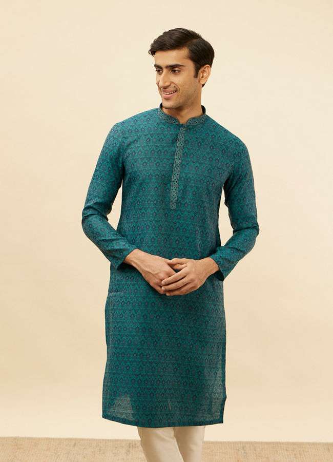 alt message - Manyavar Men Teal Blue Imperial Patterned Kurta Set image number 0