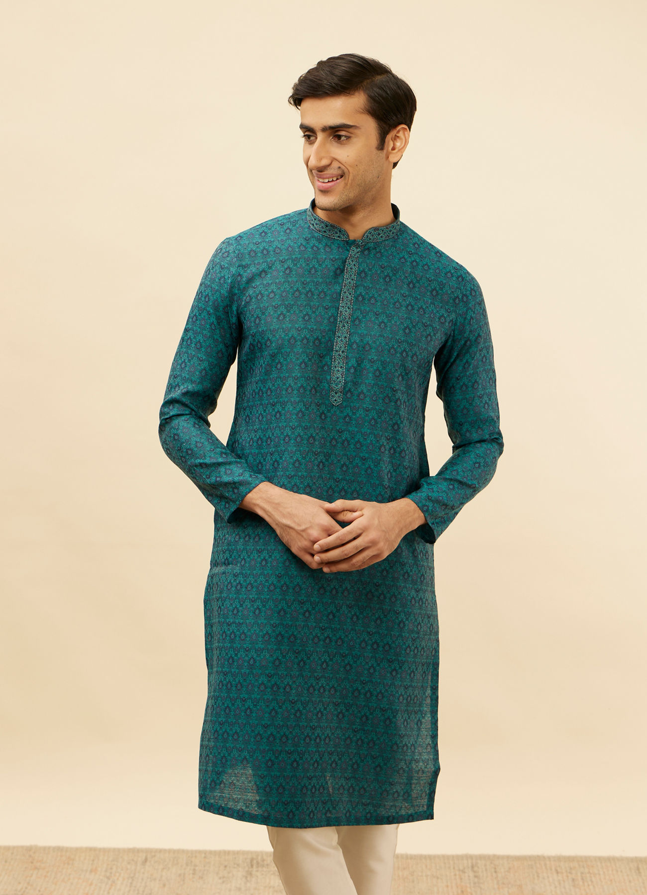 Manyavar Men Teal Blue Imperial Patterned Kurta Set